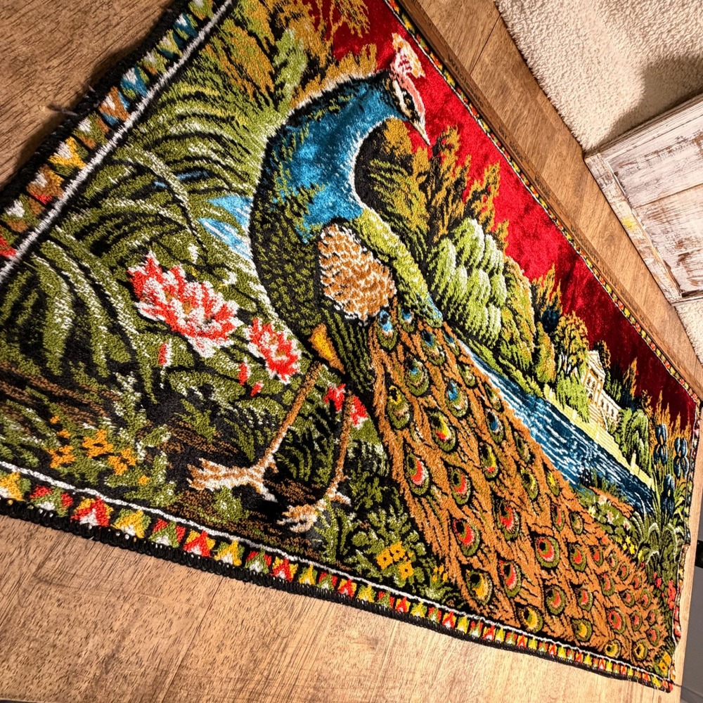 Vintage Peacock Velvet Wall Hanging Tapestry Red Estate Garden Scene 36x19.5